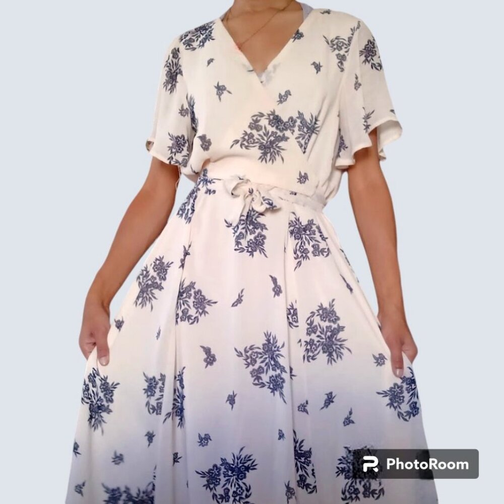 Cream Floral Tie Waist Midi Dress Lined Flowy Summer Tan Beige Flower Lounge XS